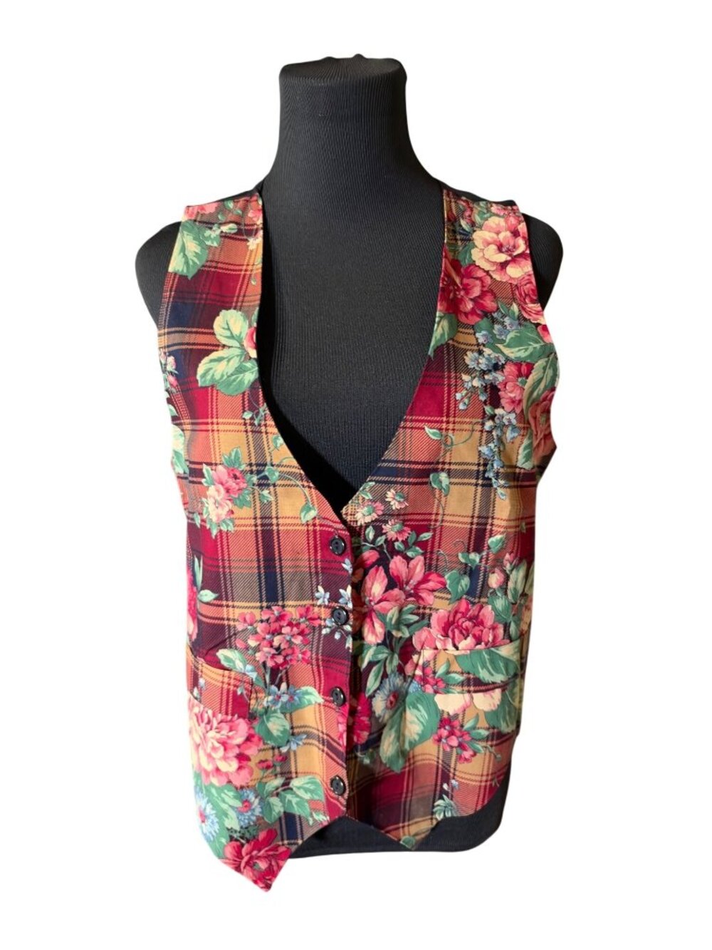 Vintage Sostanza black red green and blue floral vest size s/m